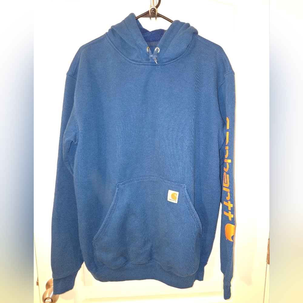 Carhartt Men's Deep Blue Hoodie with Orange Logo